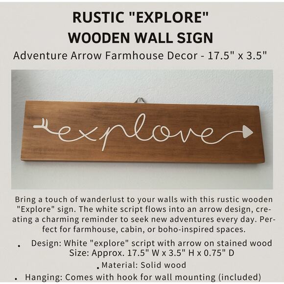 Rustic “Explore” Wooden Wall Sign – Adventure Arrow Farmhouse Decor - Picture 2 of 6